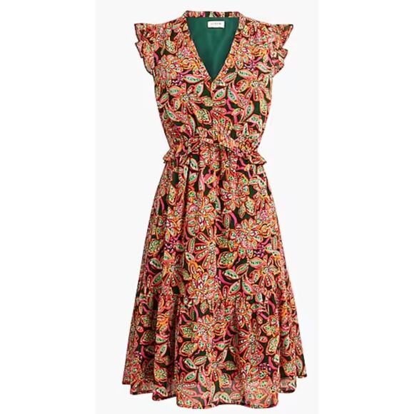 J crew Dresses & Skirts - J.Crew Floral Ruffle Sleeve Dress Size 10 NWT V Neck Midi Fit & Flare Colorful